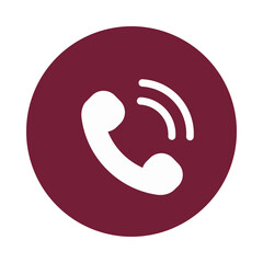 White telephone icon with sound waves on a maroon circle background