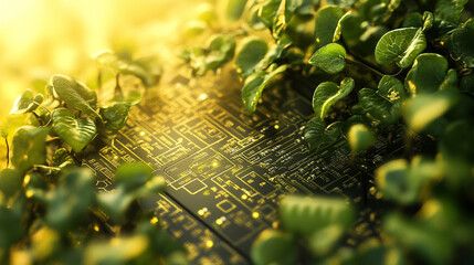 A futuristic microchip intertwined with organic vines symbolizing the fusion of technology and nature representing sustainable innovation bio technology and harmony between digital progress and life