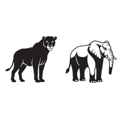 Fototapeta premium Black and white vector illustration of a panther and an elephant on a white background