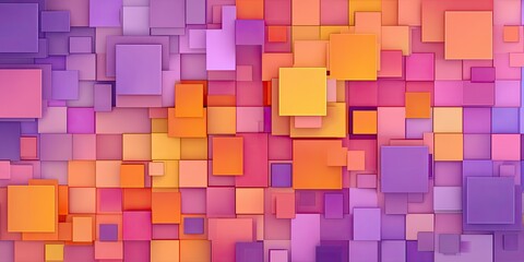 A vibrant abstract design with a mosaic of colorful, overlapping squares in shades of orange, purple, and pink
