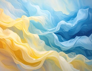 Flowing, ethereal fabrics in shades of blue, yellow, and white