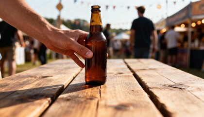 Hand Placing Beer Bottle on Wooden Table at Outdoor Festival