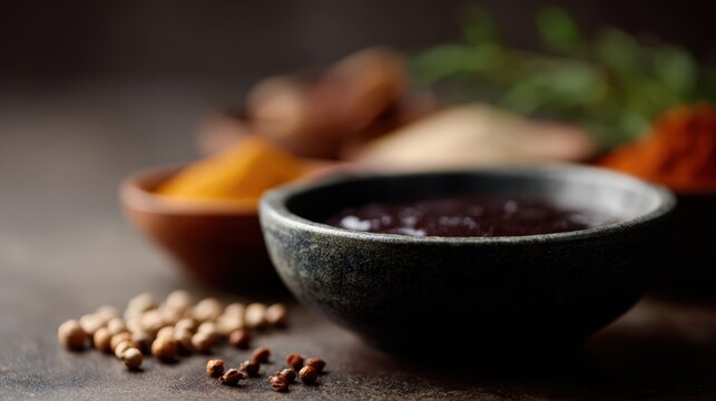 Antique bowl filled with Chyawanprash, ingredients arranged around it, highlighting natural health benefits. Selective focus, moody atmosphere