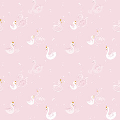 Cute swan princess seamless pattern. Delicate baby bird background with crowns and hearts on a pink backdrop. Sweet and elegant illustration for a girl's nursery, fabric, or wallpaper. © Creativezone