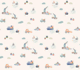 Cute nautical kids seamless pattern with boats, trucks, and cranes. Hand-drawn harbor scene for a boy's nursery. Playful transportation illustration for baby fabric or wallpaper design.