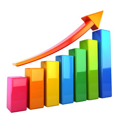 A colorful bar graph with an upward pointing arrow, illustrating growth and progress