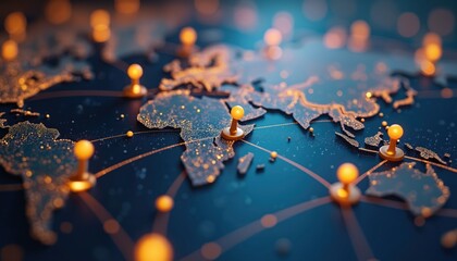 Global network map with illuminated markers, connection lines over dark blue world. Visualization of worldwide data flow, marketing. Pins highlight location points. Modern tech, business concept.
