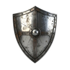 Polished metal shield with rivet details, reflecting light, set against a black background