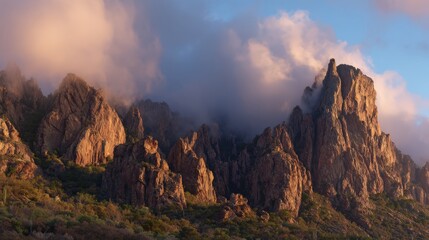 Naklejka premium Dramatic mountain landscape under soft cloudy sky at sunset