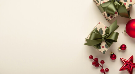 Merry Christmas and Happy Holidays greeting card, frame, banner. New Year. Christmas ornaments and gifts, presents on light beige background top view. Winter xmas holiday festive theme.	
