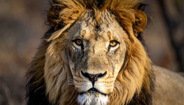 A striking close-up of a male African lion, its golden eyes meeting the viewer, revealing an intense stare. The mane is full and flows around the head
