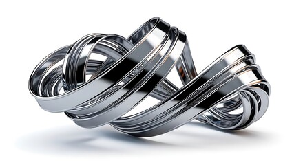 Intertwined metallic ribbon sculpture isolated on white background