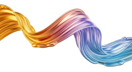 Abstract golden and blue metallic ribbon flowing and twisting, isolated on white background