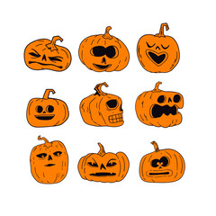 Halloween pumpkins with funny and spooky carved faces, hand drawn vector illustration