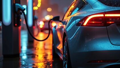 Close-up of silver electric car charging at public station. Raindrops on windshield. Station display shows progress. Colorful lights reflect on wet pavement. Eco friendly transportation.
