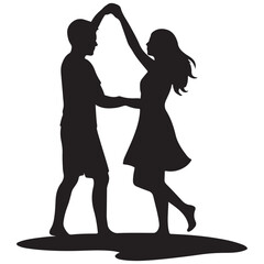 Silhouette of a joyful couple dancing together outdoors on a sunny day with shadows on the ground