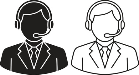 Customer service representative icons in silhouette and outline styles