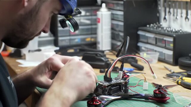 Close up of a technician assembling an FPV racing drone on a workbench A hobbyist carefully connects wires to the drones electronics demonstrating detailed buil