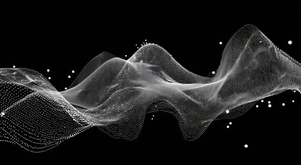 Abstract, undulating grayscale formation of particles against black background, with scattered dots