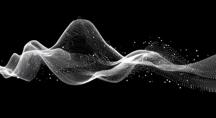 Abstract, grayscale, digital wave formation of interconnected particles, on a dark background