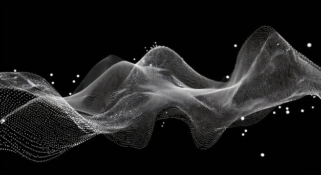 Abstract, undulating grayscale formation of particles against black background, with scattered dots