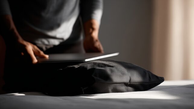 A man packing his laptop and essentials into a small bag, preparing for a work from anywhere adventure.