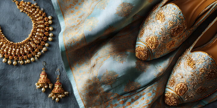 Diwali fashion flat lay: silk saree, gold jewelry, embellished mojaris