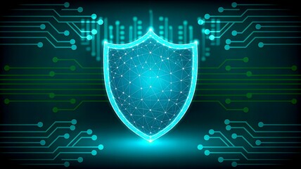 Cybersecurity shield with circuit board on dark blue green background
