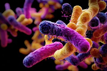 Microscopic view showing bacteria shapes and colors against a black background