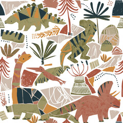Abstract dinosaur seamless pattern. Modern kids' background with prehistoric animals in a collage paper-cut style. Textured illustration for boys' fabric, nursery wallpaper, or textile print. © Creativezone