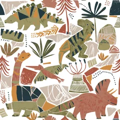 Abstract dinosaur seamless pattern. Modern kids' background with prehistoric animals in a collage paper-cut style. Textured illustration for boys' fabric, nursery wallpaper, or textile print. © Creativezone