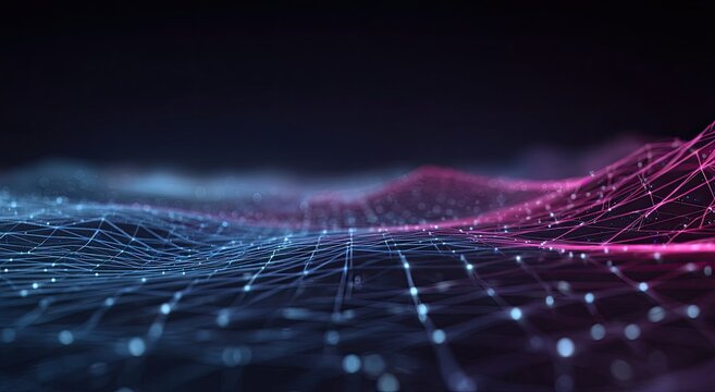 Abstract depiction of interconnected points forming a digital mesh in shades of blue and pink