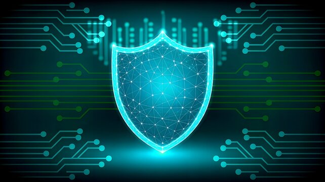 Cybersecurity shield with circuit board on dark blue green background - Powered by Adobe