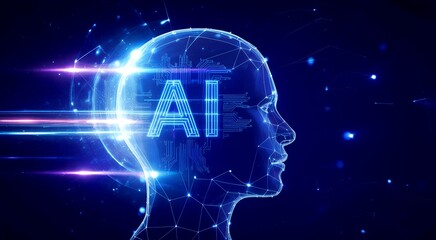 Artificial intelligence concept with human head and ai text, technology background
