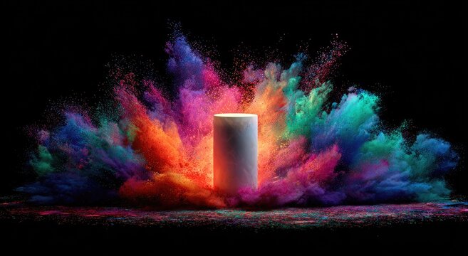 Cylindrical object illuminated amid a vibrant explosion of colorful powder against a dark background