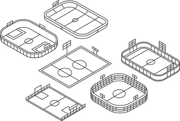 Collection of isometric line drawings of various sports fields and arenas © NASRIN