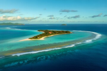 Aerial view of tropical island resort in fiji with turquoise ocean water