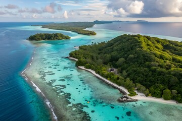 Aerial view of tropical island with turquoise water in togean, indonesia