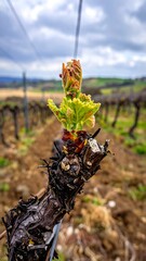 Focus on grape buds. Rows of dormant vines with hints of spring