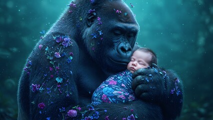 A gentle gorilla tenderly holding a sleeping human baby in a magical forest. Concept of love, protection, and wildlife conservation.