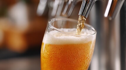 Golden Beer Being Poured Into a Glass with Bubbly Foam at a Bar During a Social Gathering