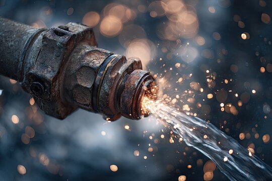 A close-up view of a metallic pipe and its connection point, water and sparks present - Powered by Adobe