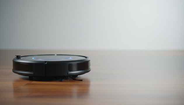 Black Robot Vacuum Cleaner on Hardwood Floor &ndash; Studio Photo