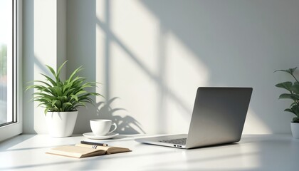 Bright minimalist desk with open book, pen, laptop and coffee cup. Potted plant sits by window casting leaf shadows. Clean, modern home office space for remote work or creative tasks.