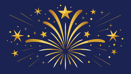 Fototapeta premium Golden fireworks and stars on a dark blue background. New Year, festival, holidays concept. Vector illustration.