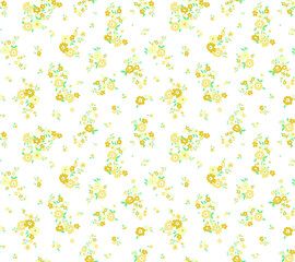 Yellow ditsy floral seamless pattern. Cheerful country-style meadow flowers on a white background. Sweet and fresh botanical illustration for spring fabric, wallpaper, or gift wrap.