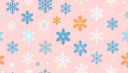 A seamless pattern showcases scattered snowflakes in various colors?blue, orange, and white?against a soft pink backdrop. The arrangement is whimsical and festive