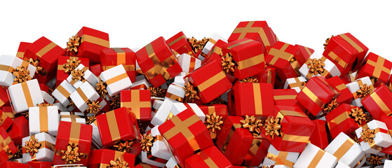 footer decoration filled with red and white Christmas gifts - 3D rendering on transparent background