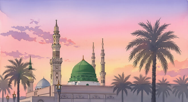 Illustration of al masjid an nabawi with palm trees at sunset in medina saudi arabia