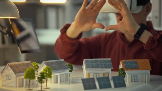 A person wearing a virtual reality headset interacts with 3D models of sustainable houses. They are exploring design options and solar energy solutions in a modern workspace